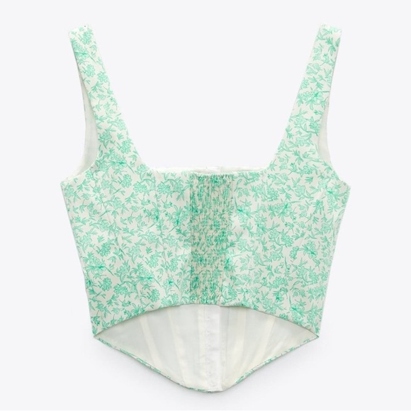 ZARA POPLIN CORSET GREEN FLORAL top size Small - Picture 2 of 7